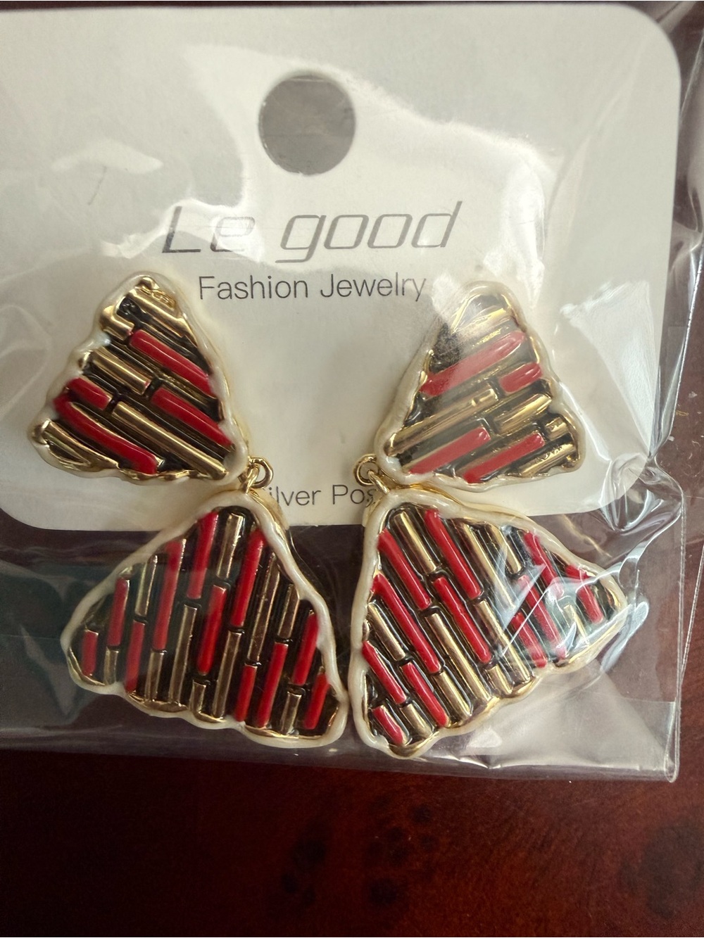 ❤️ Red and Gold Triangular Drop Earrings — Striped Enamel Fashion Pair ❤️